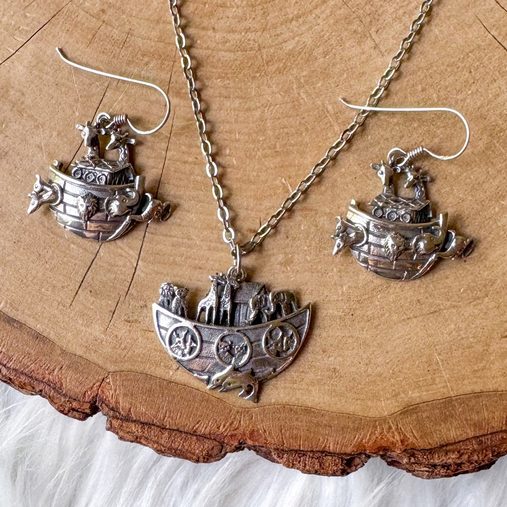 Sterling Silver 925 Noahs Ark Jewelry Set Earrings & Necklace Pendant Charm